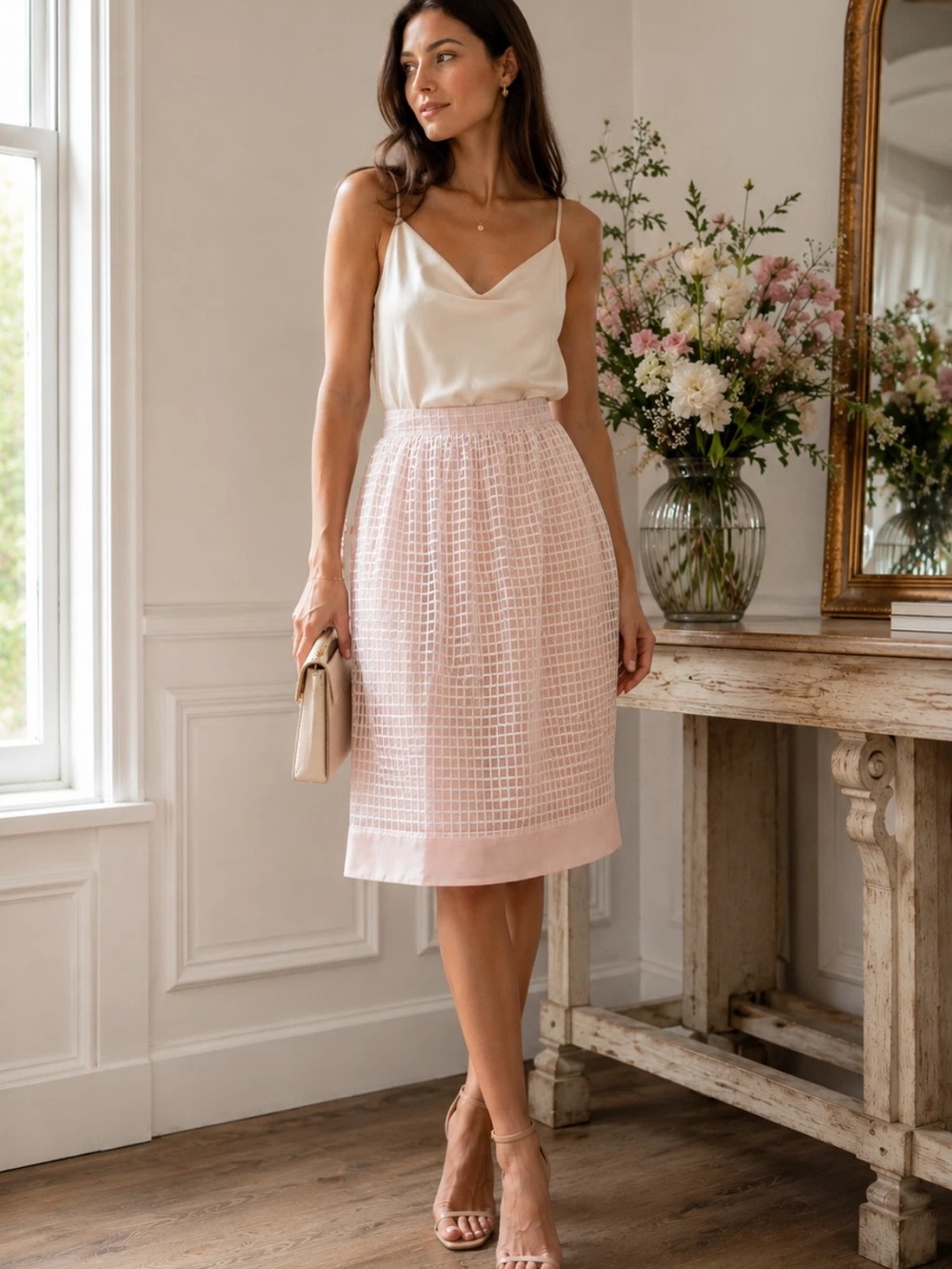 Elizabeth and James Organza Grid Midi Skirt Ivory White Size 6